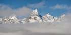 Wyoming, Jackson. Grand Teton NP, Fog hovers beneath Middle Teton, Grand Teton, and Mount Owen Art Print